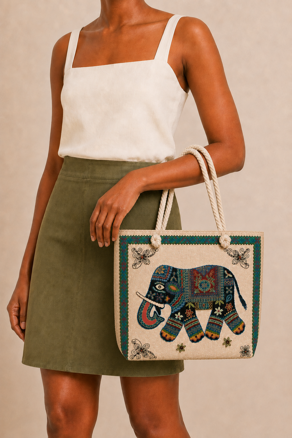 Marrakesh Elephant Embroidered Tote Bag