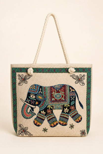 Marrakesh Elephant Embroidered Tote Bag