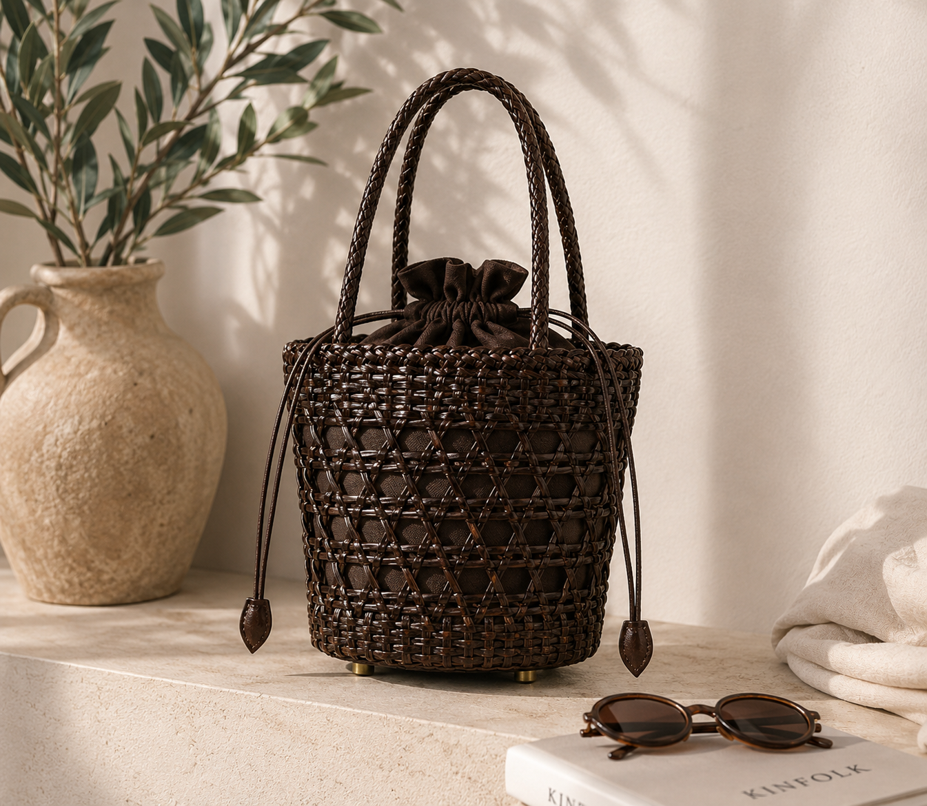 Formentera Woven Leather Bucket Bag
