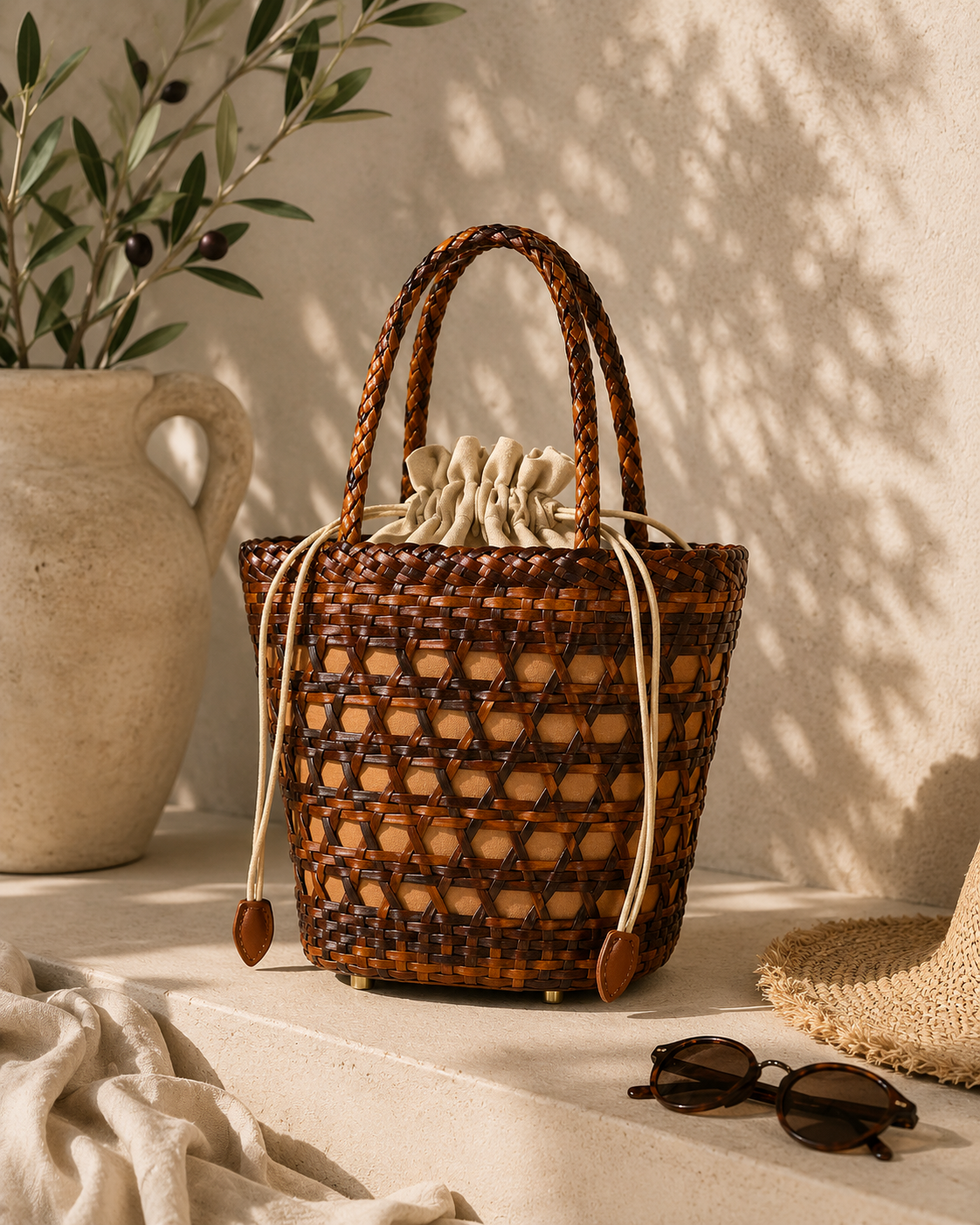 Formentera Woven Leather Bucket Bag