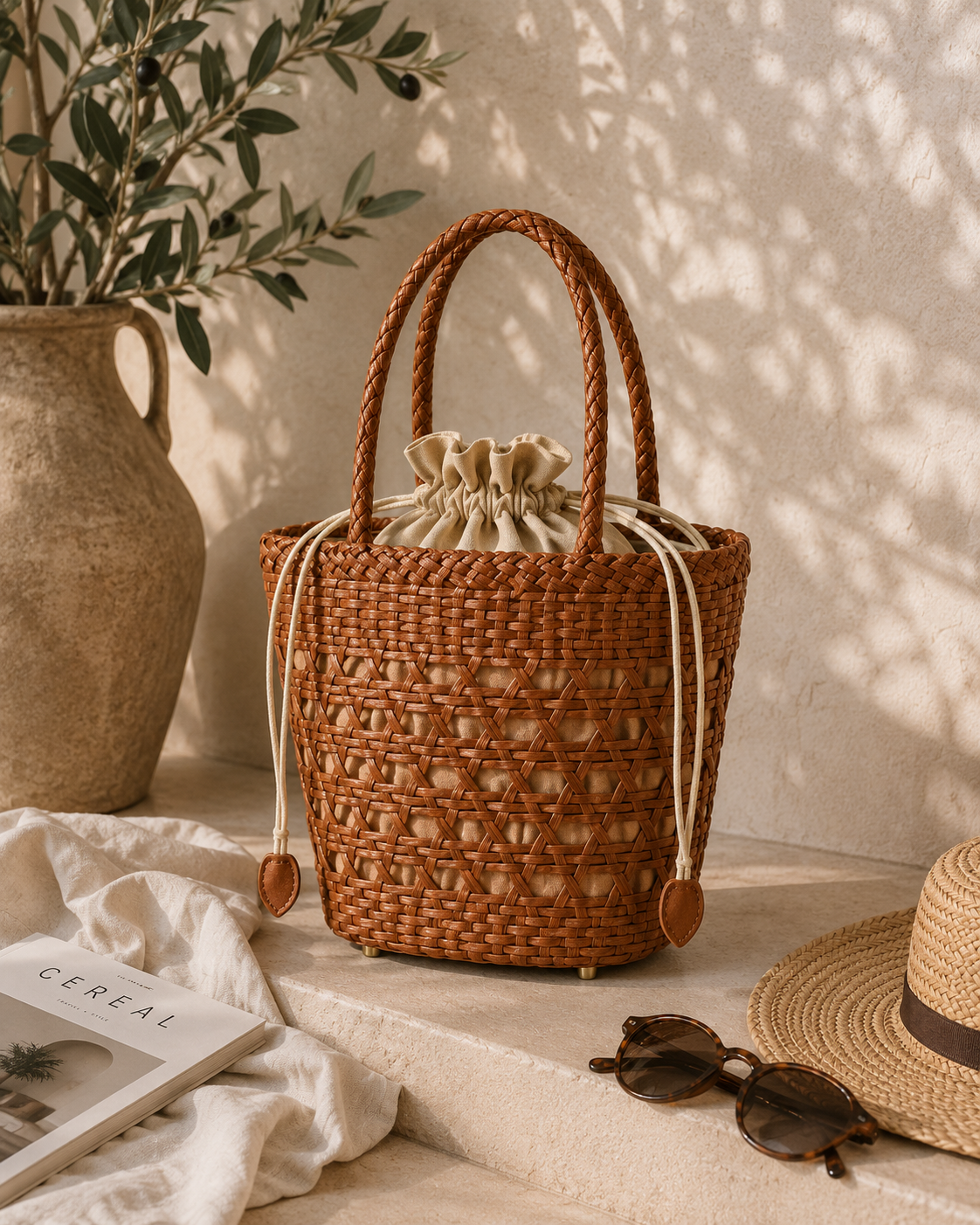 Formentera Woven Leather Bucket Bag