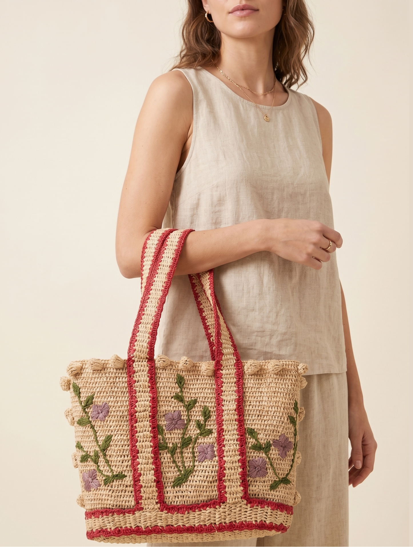 Riviera Embroidered Raffia Tote