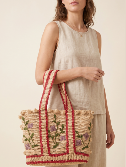 Riviera Embroidered Raffia Tote
